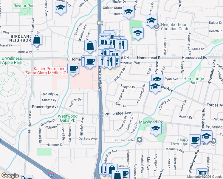 map of restaurants, bars, coffee shops, grocery stores, and more near 3513 Oxford Court in Santa Clara