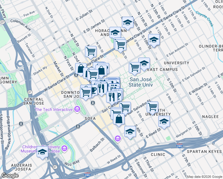 map of restaurants, bars, coffee shops, grocery stores, and more near 110 Paseo de San Antonio in San Jose