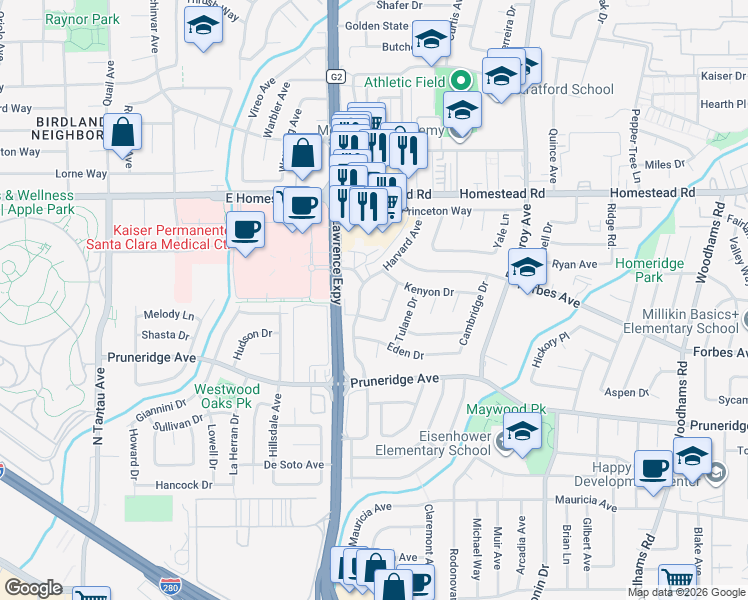 map of restaurants, bars, coffee shops, grocery stores, and more near 3513 Oxford Court in Santa Clara