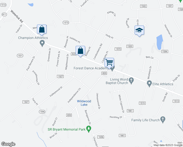map of restaurants, bars, coffee shops, grocery stores, and more near 122 Hydaway Drive in Forest