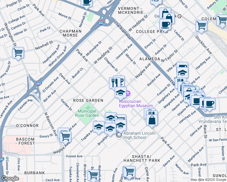 map of restaurants, bars, coffee shops, grocery stores, and more near 1768 Luxor Court in San Jose