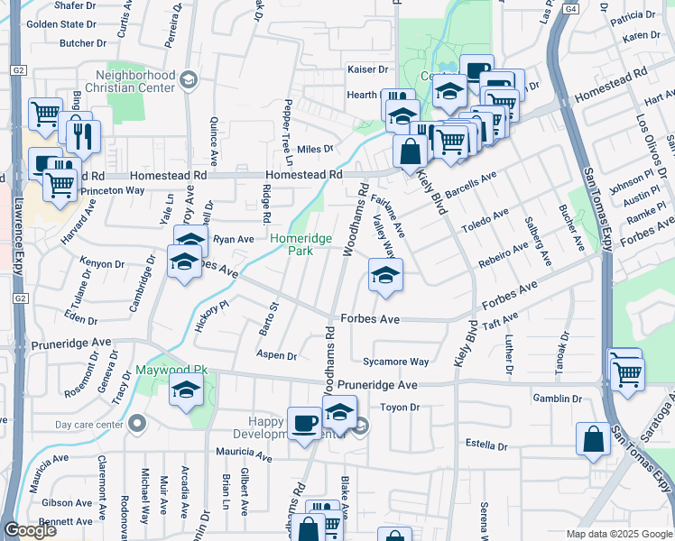 map of restaurants, bars, coffee shops, grocery stores, and more near 692 Woodhams Road in Santa Clara