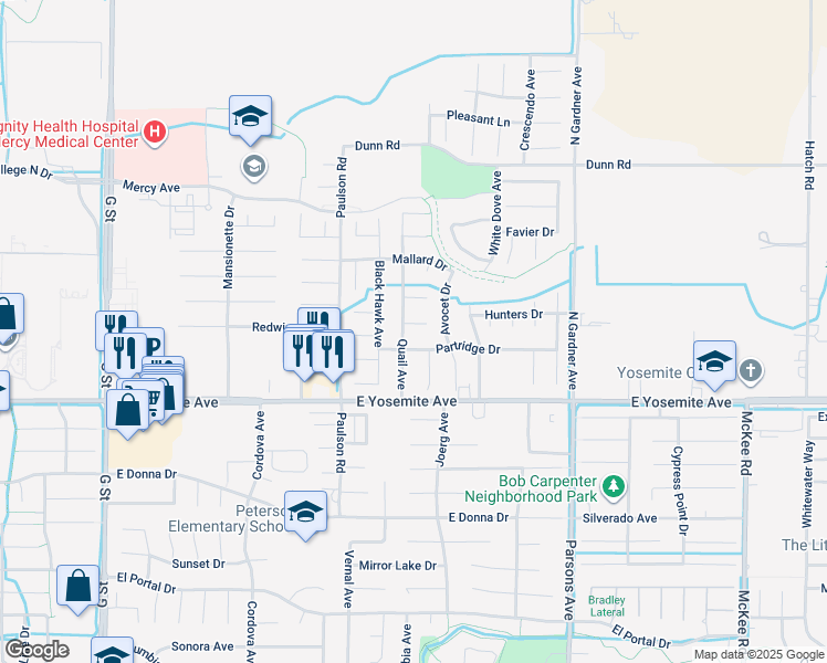 map of restaurants, bars, coffee shops, grocery stores, and more near 1126 Pelican Court in Merced