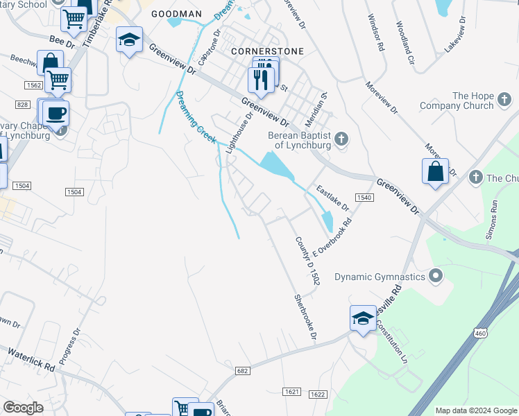 map of restaurants, bars, coffee shops, grocery stores, and more near 169 Cape Charles Square in Lynchburg