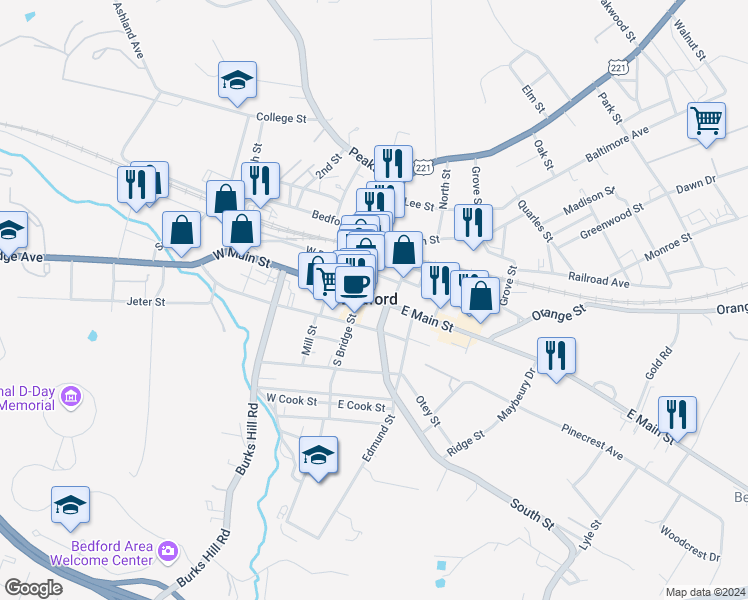 map of restaurants, bars, coffee shops, grocery stores, and more near in Bedford