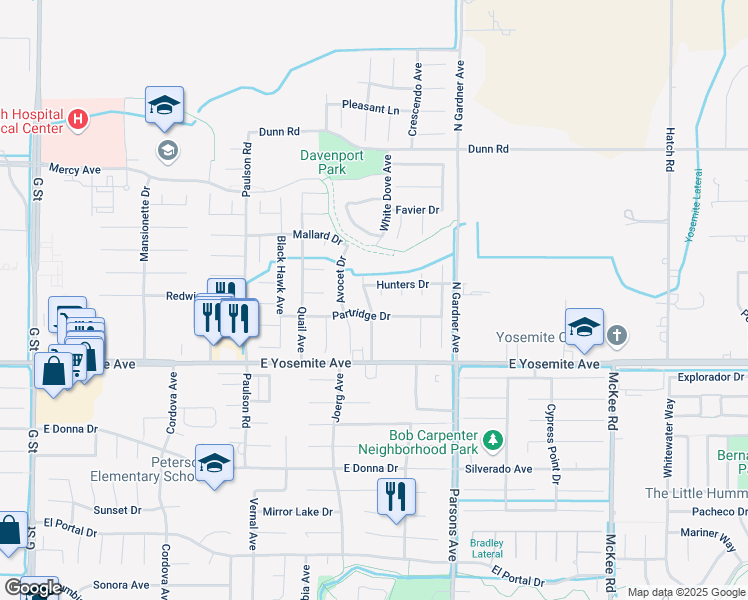 map of restaurants, bars, coffee shops, grocery stores, and more near 1400 Hunter's Drive in Merced