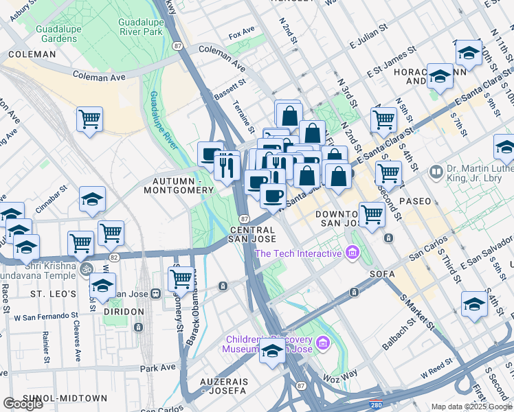 map of restaurants, bars, coffee shops, grocery stores, and more near 333 West Santa Clara Street in San Jose