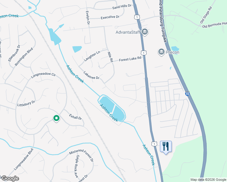 map of restaurants, bars, coffee shops, grocery stores, and more near 14019 Laketree Drive in Chester