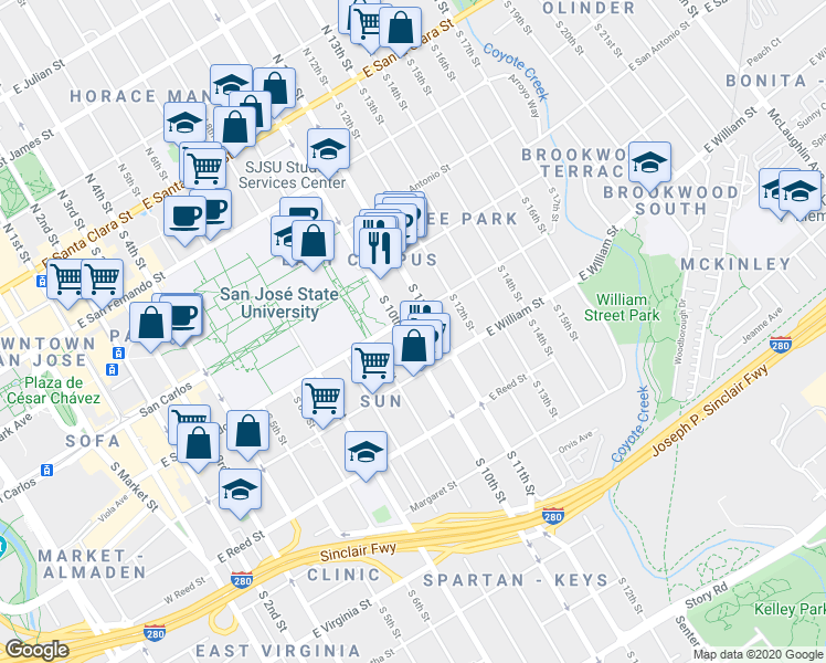 map of restaurants, bars, coffee shops, grocery stores, and more near in San Jose