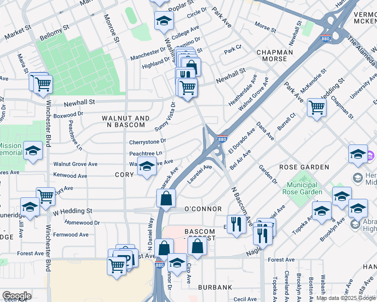 map of restaurants, bars, coffee shops, grocery stores, and more near 2102 Peachtree Lane in San Jose