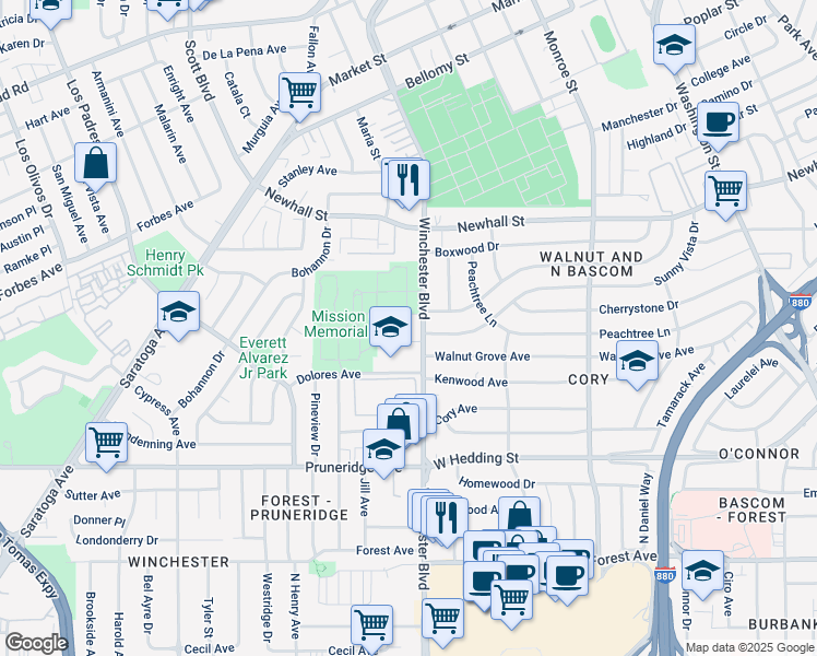 map of restaurants, bars, coffee shops, grocery stores, and more near 420 North Winchester Boulevard in Santa Clara