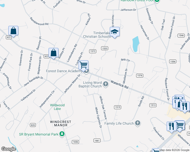 map of restaurants, bars, coffee shops, grocery stores, and more near 14 Orion Court in Forest