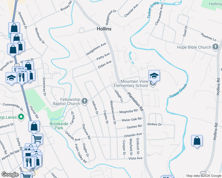 map of restaurants, bars, coffee shops, grocery stores, and more near 6010 Village Lane in Hollins