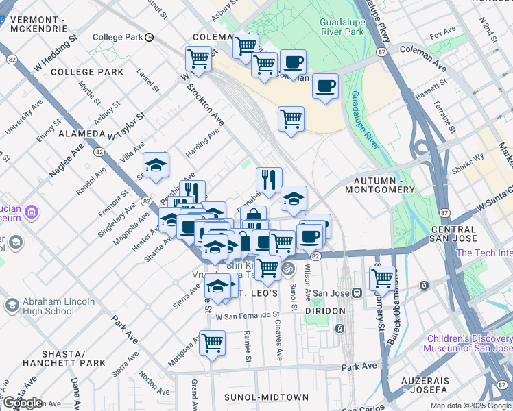 map of restaurants, bars, coffee shops, grocery stores, and more near Jack Place in San Jose