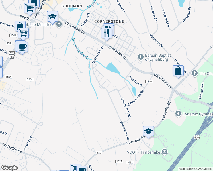map of restaurants, bars, coffee shops, grocery stores, and more near 64 Cape Charles Square in Lynchburg