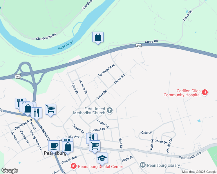 map of restaurants, bars, coffee shops, grocery stores, and more near 1301 Curve Road in Pearisburg