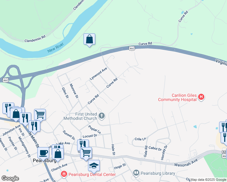map of restaurants, bars, coffee shops, grocery stores, and more near 1400 Curve Road in Pearisburg