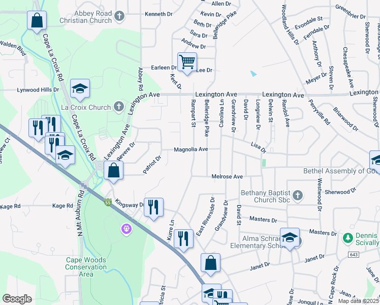 map of restaurants, bars, coffee shops, grocery stores, and more near 1802 Dixie Boulevard in Cape Girardeau