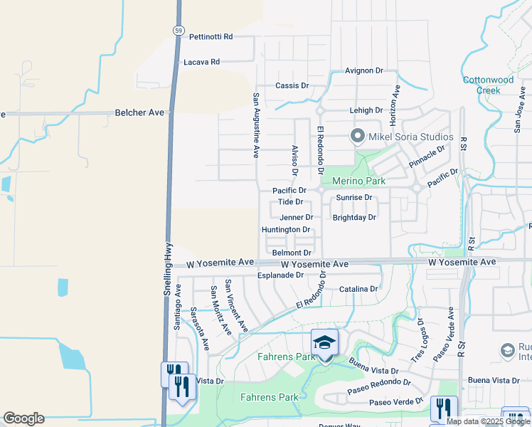 map of restaurants, bars, coffee shops, grocery stores, and more near 3725 Danco Avenue in Merced