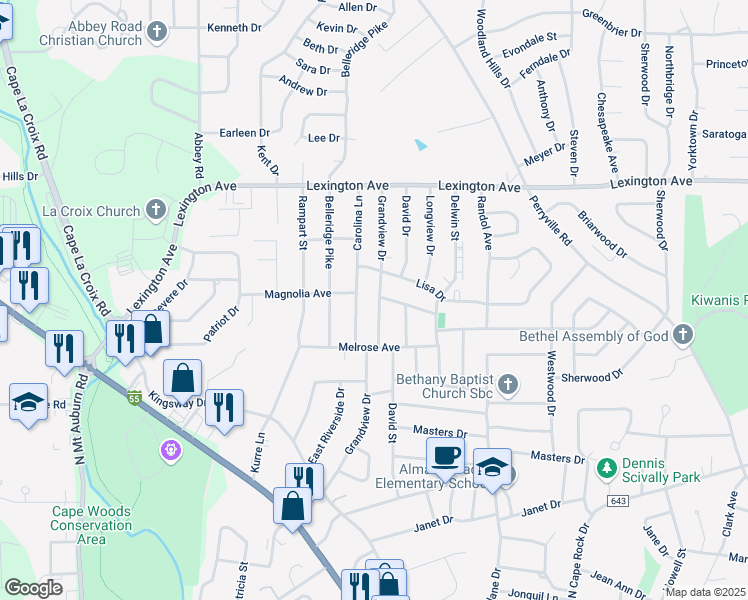 map of restaurants, bars, coffee shops, grocery stores, and more near 1729 Grandview Drive in Cape Girardeau