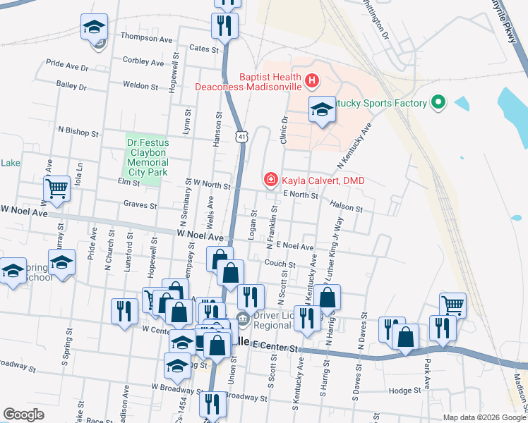 map of restaurants, bars, coffee shops, grocery stores, and more near 400-458 Logan St in Madisonville
