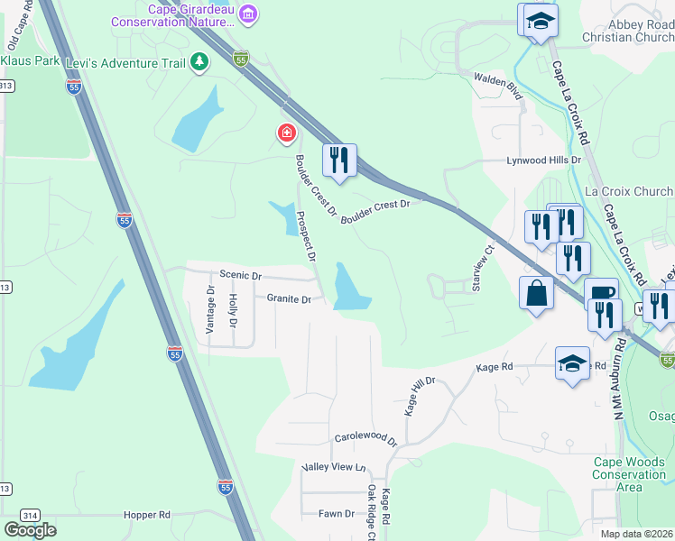 map of restaurants, bars, coffee shops, grocery stores, and more near 1401-1423 Prospect Drive in Cape Girardeau