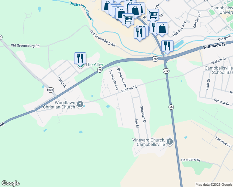 map of restaurants, bars, coffee shops, grocery stores, and more near 100 Greenhill Drive in Campbellsville