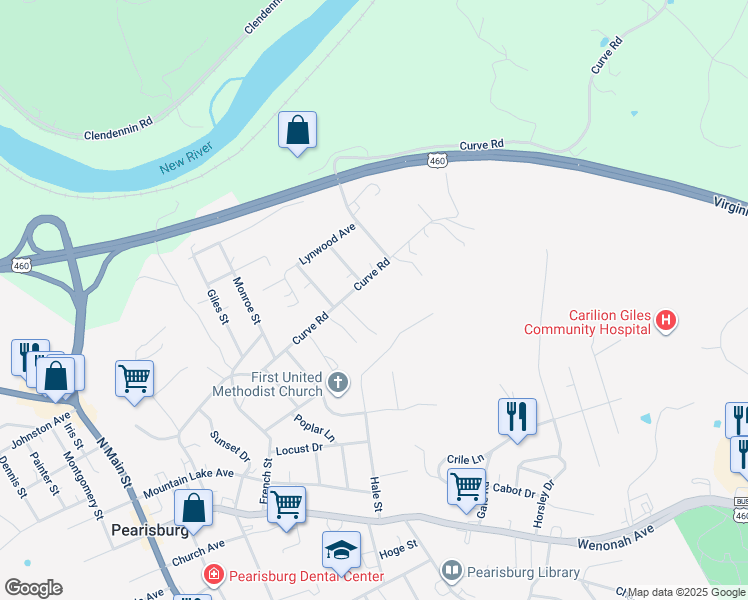 map of restaurants, bars, coffee shops, grocery stores, and more near 1400 Curve Road in Pearisburg