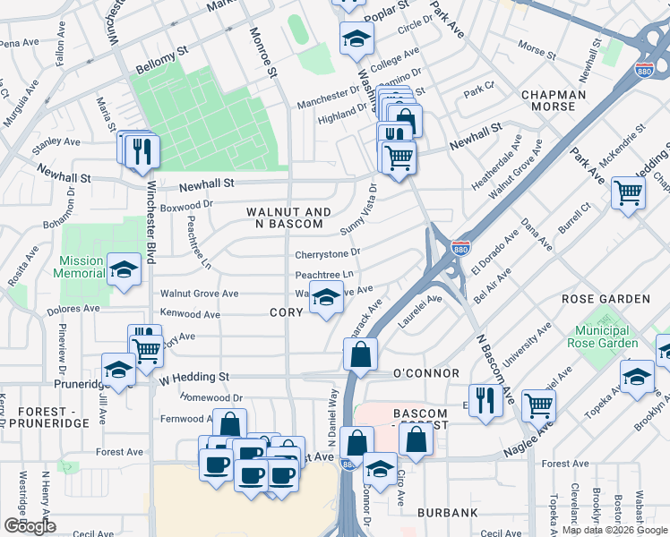 map of restaurants, bars, coffee shops, grocery stores, and more near 2231 Peachtree Lane in San Jose