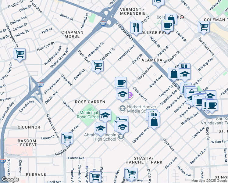 map of restaurants, bars, coffee shops, grocery stores, and more near 1768 Luxor Court in San Jose