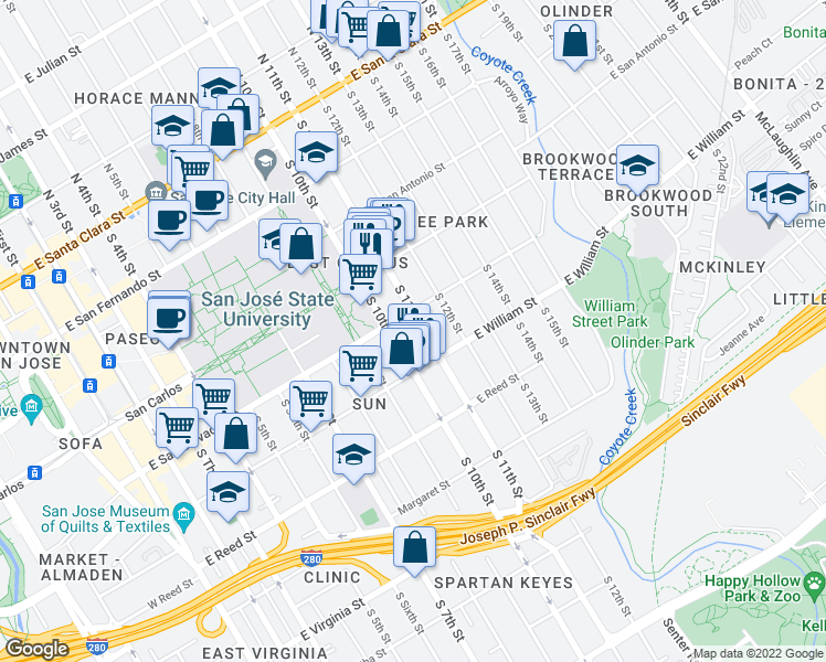 map of restaurants, bars, coffee shops, grocery stores, and more near 431 South 11th Street in San Jose