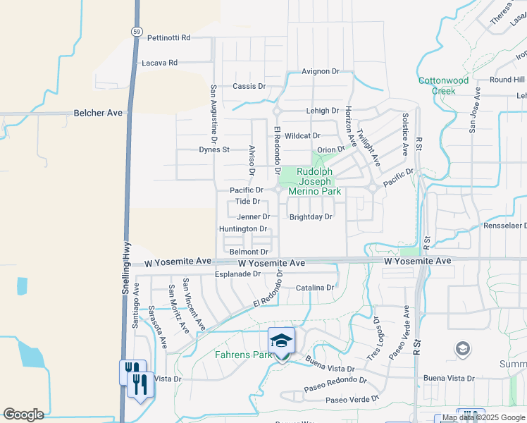 map of restaurants, bars, coffee shops, grocery stores, and more near 1335 Tide Drive in Merced