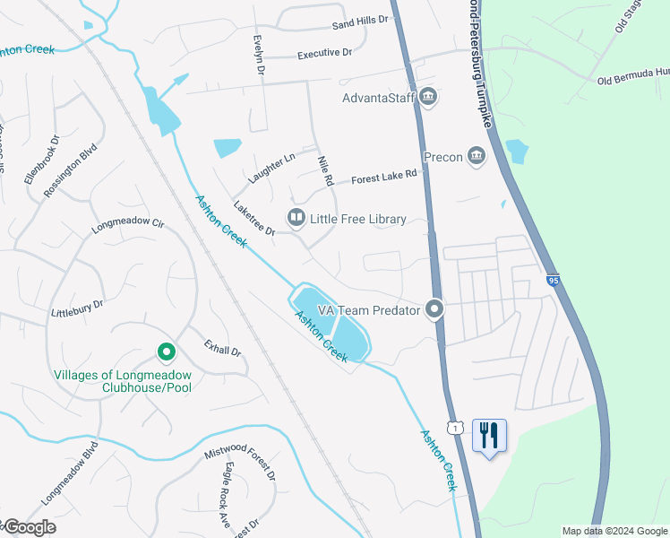 map of restaurants, bars, coffee shops, grocery stores, and more near 14019 Laketree Drive in Chester