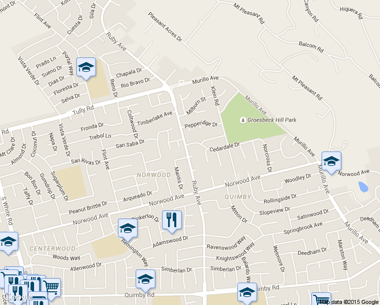map of restaurants, bars, coffee shops, grocery stores, and more near 3401 Cedardale Drive in San Jose