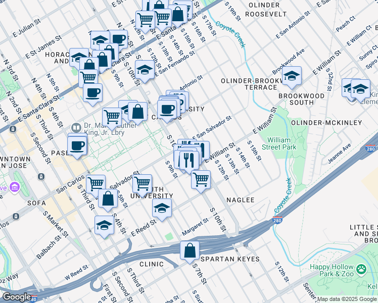 map of restaurants, bars, coffee shops, grocery stores, and more near 406 South 11th Street in San Jose