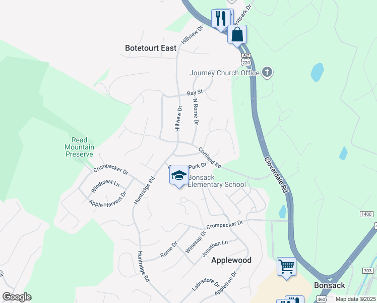 map of restaurants, bars, coffee shops, grocery stores, and more near 444 Northrome Drive in Roanoke