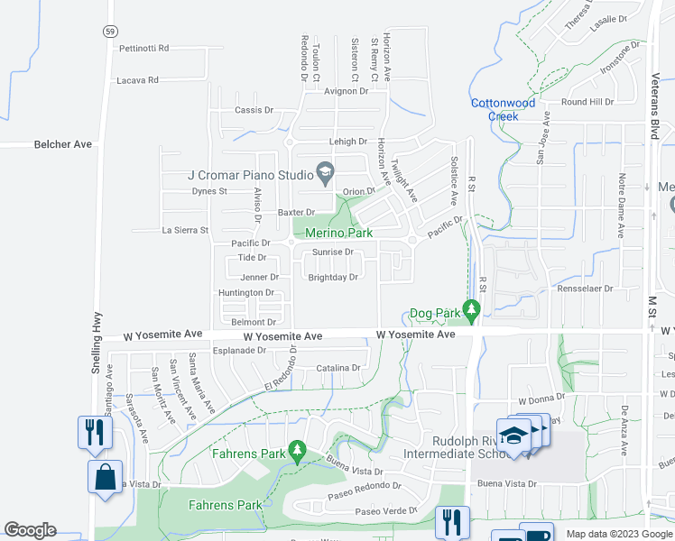 map of restaurants, bars, coffee shops, grocery stores, and more near 3730 Morning Dove Avenue in Merced