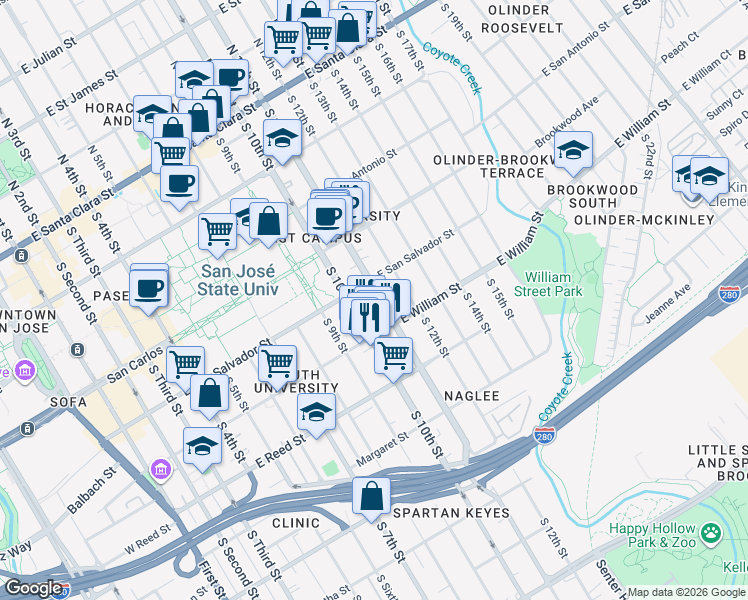 map of restaurants, bars, coffee shops, grocery stores, and more near 406 South 11th Street in San Jose