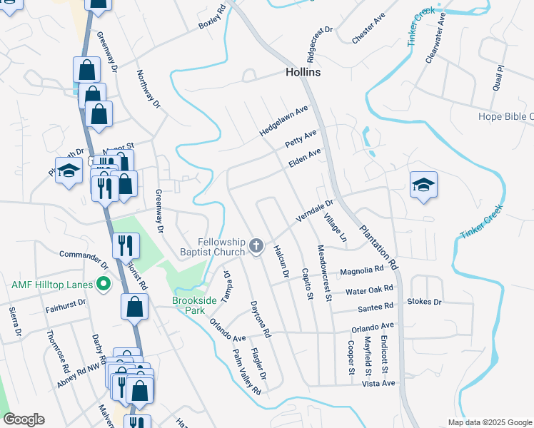 map of restaurants, bars, coffee shops, grocery stores, and more near 5727 Halcun Drive in Hollins