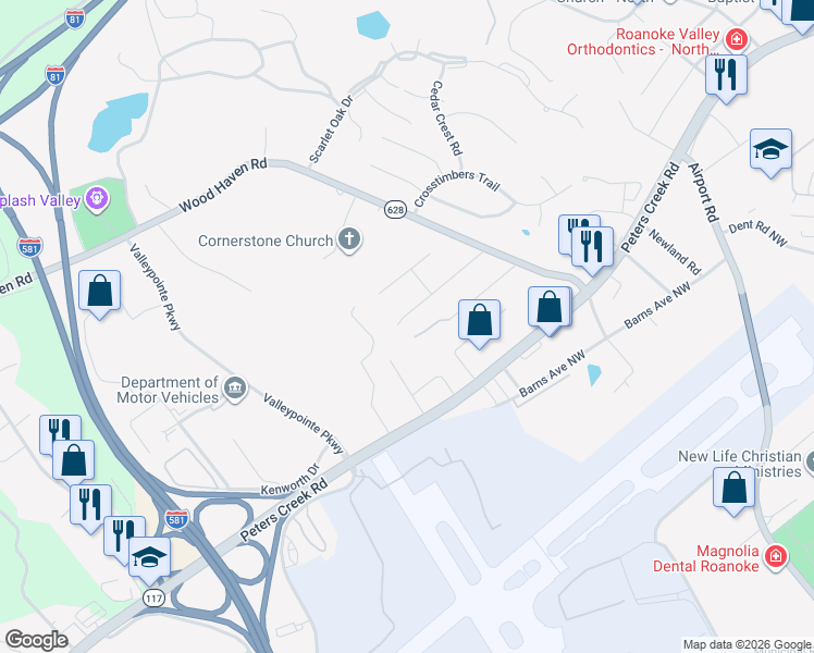 map of restaurants, bars, coffee shops, grocery stores, and more near 6720 Albert Rd in Roanoke