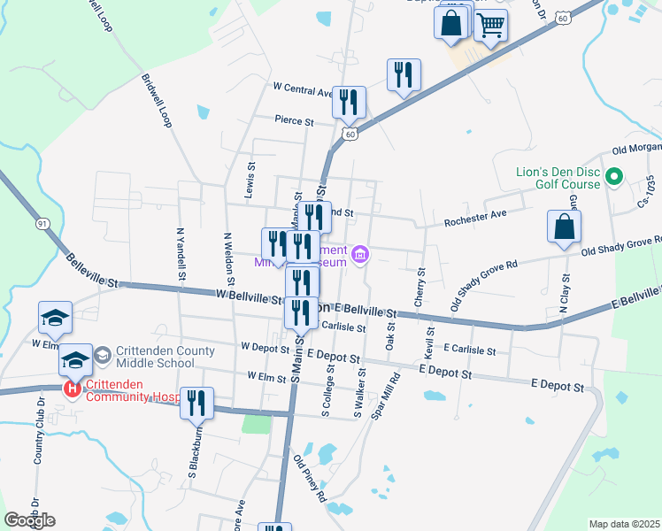 map of restaurants, bars, coffee shops, grocery stores, and more near 120-198 1st Street in Marion