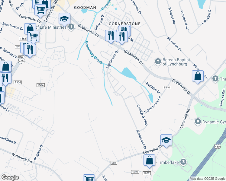 map of restaurants, bars, coffee shops, grocery stores, and more near 43 Cape Lookout Court in Lynchburg