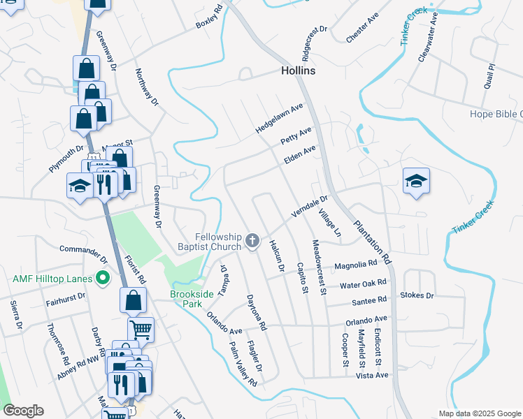 map of restaurants, bars, coffee shops, grocery stores, and more near 5727 Halcun Drive in Hollins