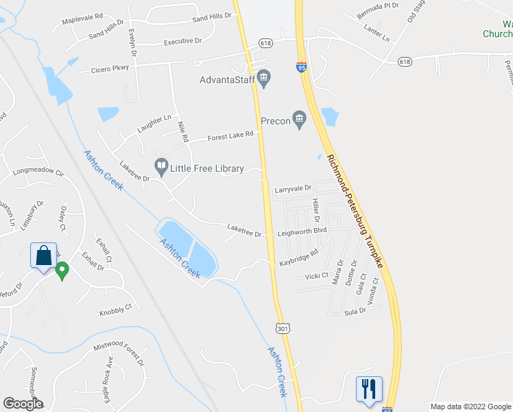 map of restaurants, bars, coffee shops, grocery stores, and more near 13920 Jefferson Davis Highway in Chester