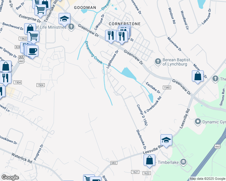 map of restaurants, bars, coffee shops, grocery stores, and more near 43 Cape Lookout Court in Lynchburg