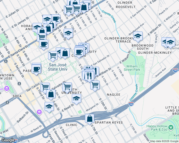 map of restaurants, bars, coffee shops, grocery stores, and more near 431 South 11th Street in San Jose