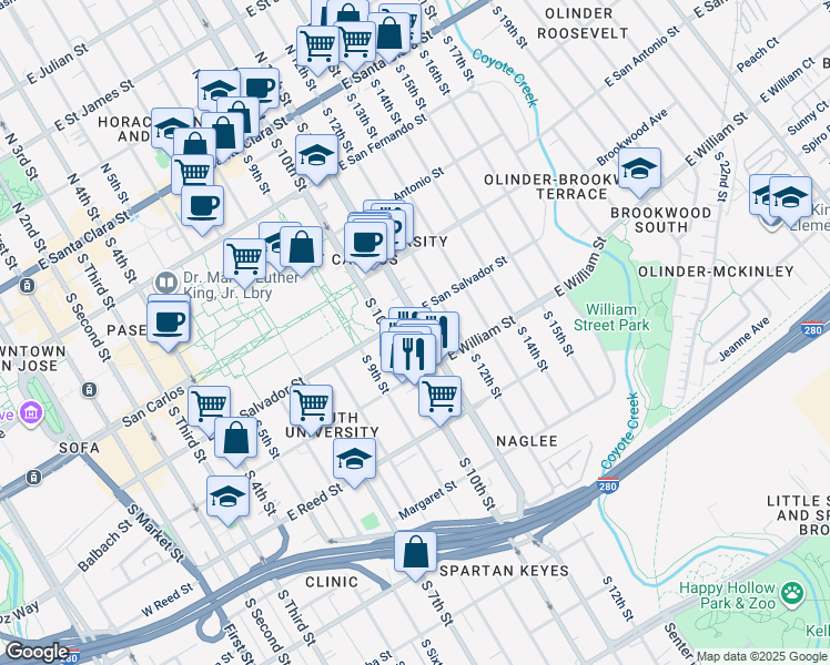 map of restaurants, bars, coffee shops, grocery stores, and more near 431 South 11th Street in San Jose
