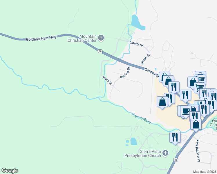 map of restaurants, bars, coffee shops, grocery stores, and more near 40276 Redbud Drive in Oakhurst