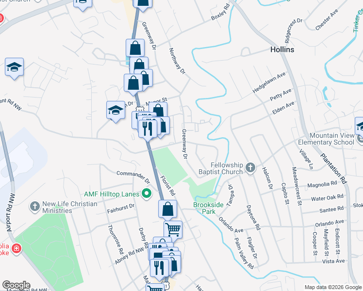 map of restaurants, bars, coffee shops, grocery stores, and more near 206 Clubhouse Drive in Hollins
