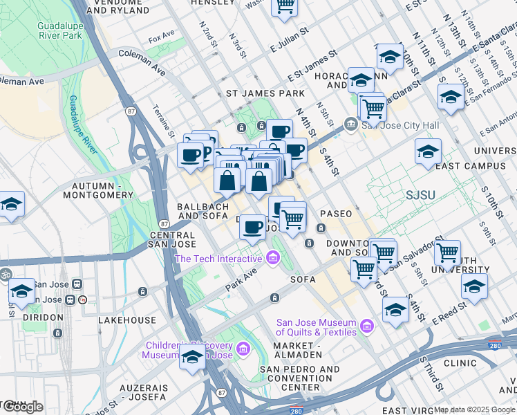 map of restaurants, bars, coffee shops, grocery stores, and more near 60 South Market Street in San Jose